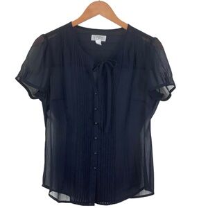 Ann Taylor LOFT Short Sleeve Button Down Navy Blue Sheer Tie Neck Top Size 8 S48